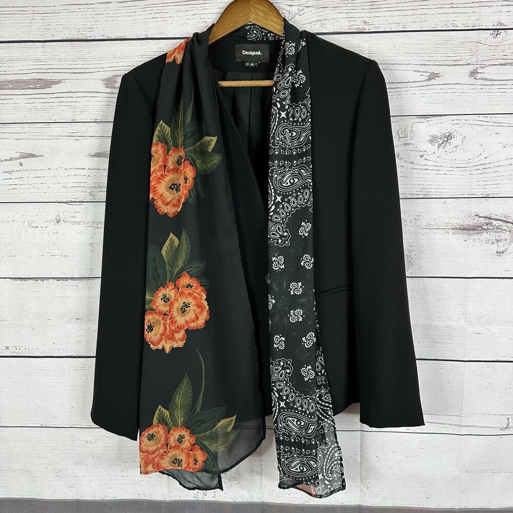 Desigual Blazer Womens Medium Black Jacket Career Office‎ Handkerchief Wanita